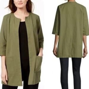 Eileen Fisher Organic Cotton Olive Green Open Front Coat Cardigan
